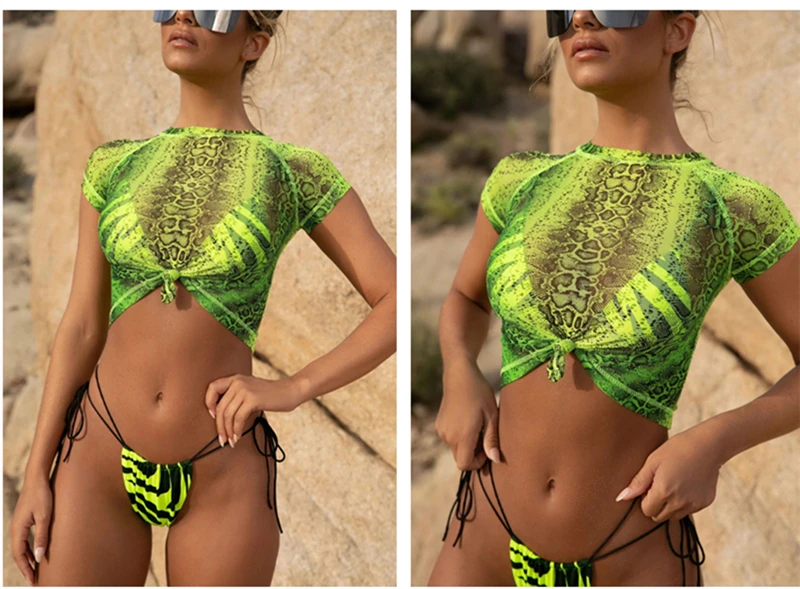 Clothing - Summer Three Piece Set Women Snake Print See Through  Sexy Biquini