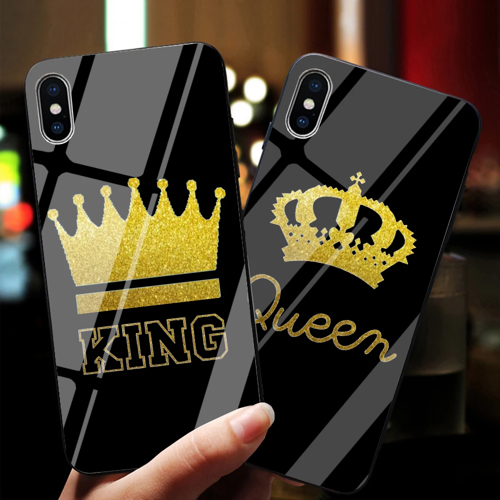 

King Queen Glass Case for Samsung Galaxy S6 S7 S8 Plus Edge S9 Plus S10 S8plus Note8 Couples Anti-fall Phone Coque Back Cover