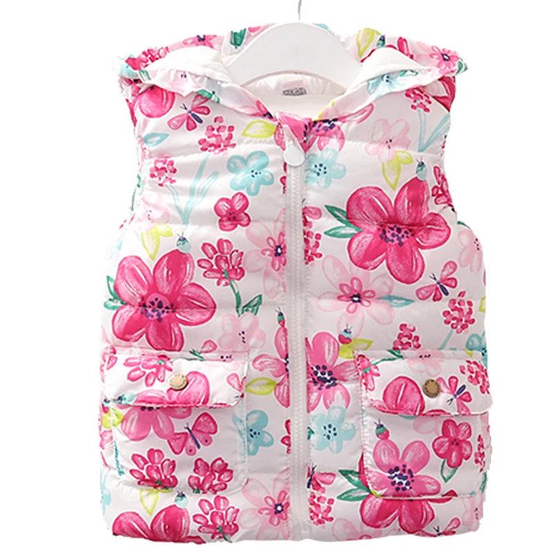 

Vest for Girls Hooded Print Flower Jacket Warm Thicken Waistcoats Baby Children's Casual Cotton Coat Girl Outerwear kids Clothes