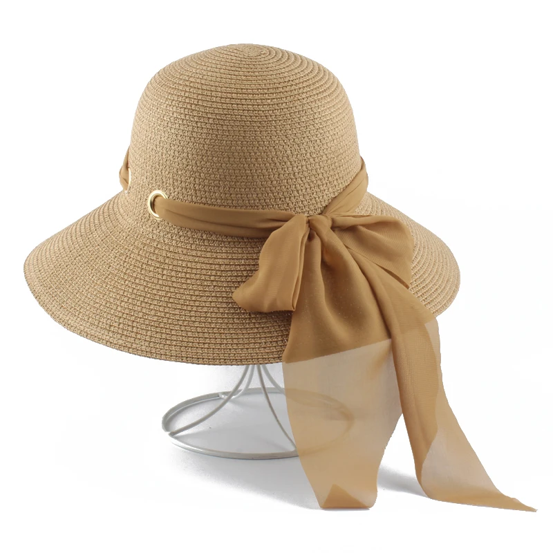

2019 New Summer Hats Women Sun Visor Cap Handmade Bow Straw Foldable Panama Hat Big Wide Brim Beach Hat