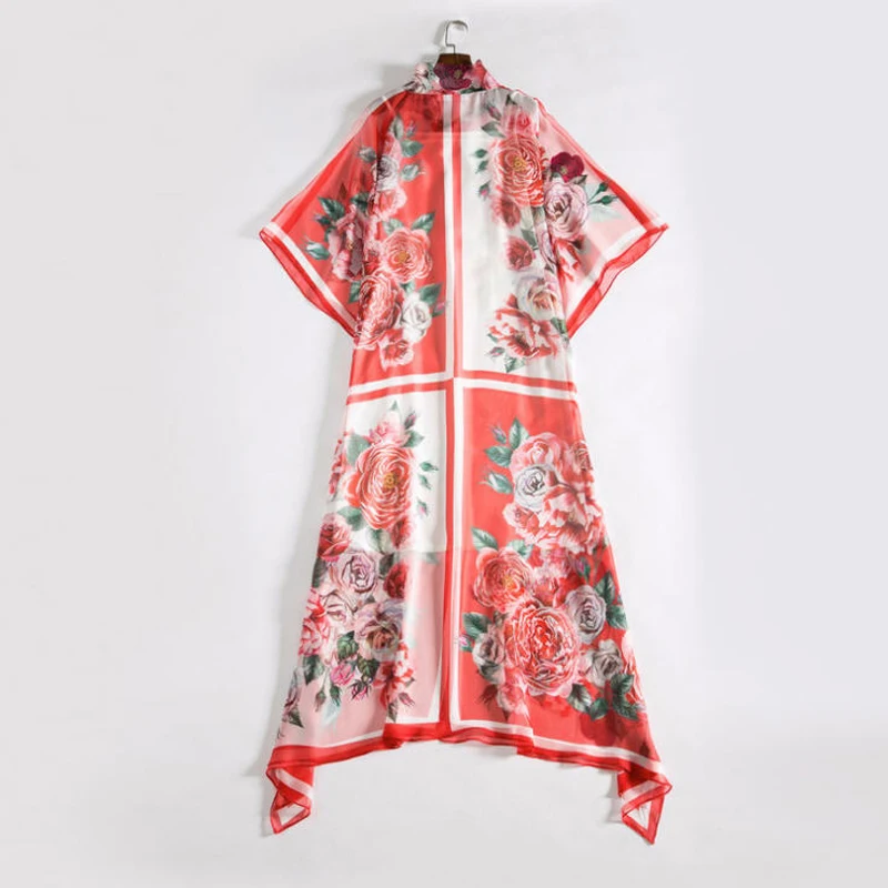 De 2018 Printemps Longue En Soie Manches Fleur Rose Féminine Robe Col B030 Arc Femmes Été Chauve Lâche Mousseline Maxi Robes Imprimé Printed souris ptqqwPE