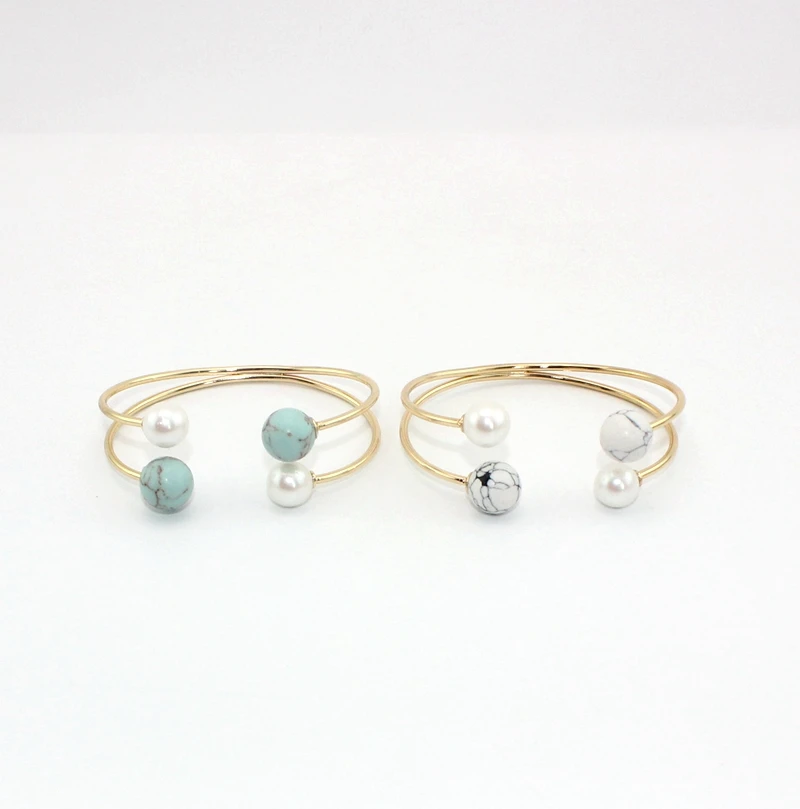

2016 New Imitation pearl white green stone simple copper bangle cute stone ball double conjoined cuff bracelets & bangles