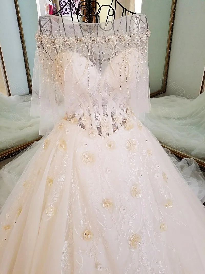 Цветы Кристалл бисер Тюль Свадебные платья Половина рукава Vestido De Noiva Princesa Luxo свадебное платье pakaian pengantin