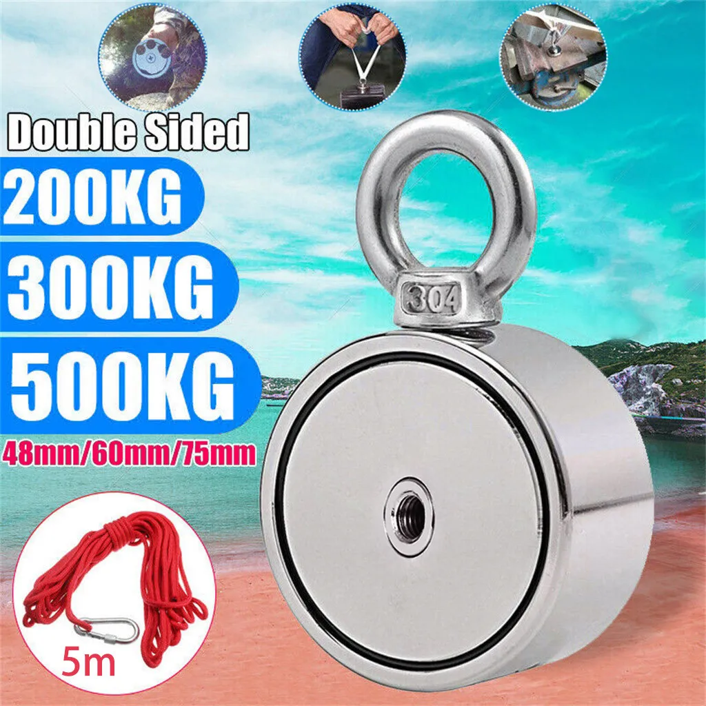 

HSU 2019 Hot Sale 200/300/500KG Double Side Neodymium Metal Magnet Detector Fishing Kit+5M Rope