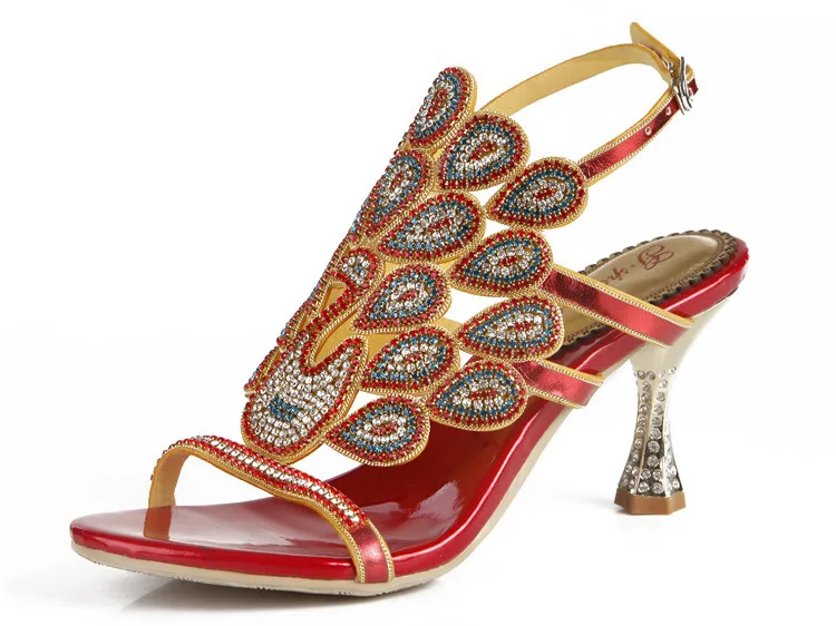 G-sparrow 2018 Summer New Korean Sexy Red Rhinestone Sandals Stiletto High Heel Diamonds Comfortable Womens Shoes Large Size13