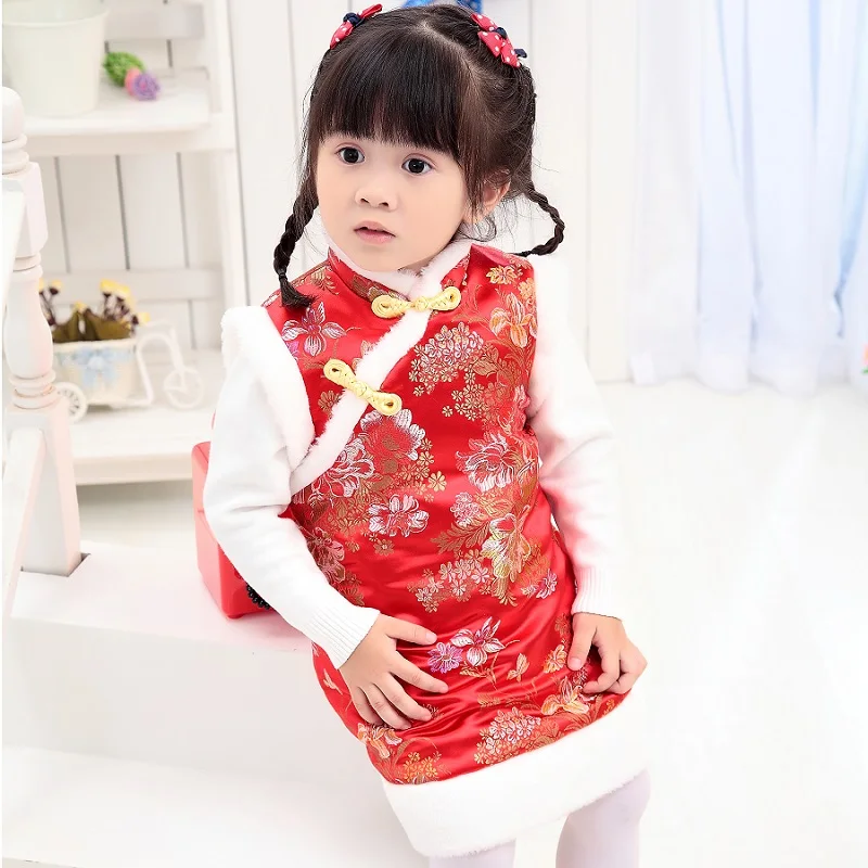 Детские стеганые куртки для девочек Qipao платье без рукавов Tang зимний жилет |