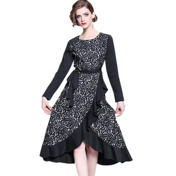 

HAMALIEL Plus Size Lace Patchwork Ruffles Women Dress Autumn Long Sleve O Neck Party Dress Casual Slim Ball Gown Sashes Dress