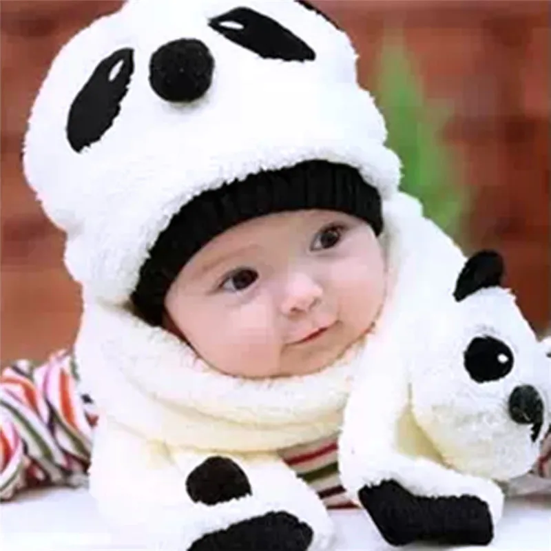 Детский набор из шапки и шарфа, супер милая и теплая детская хлопковая Шерстяная кепка с пандой, шарф, мультяшная шапка, от 5 до 36 месяцев