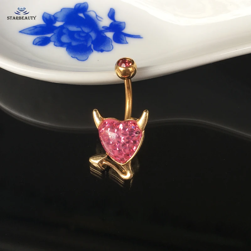 Cool White Devil Heart Navel Piercing Ombligo Navel Ring Pink Zircon