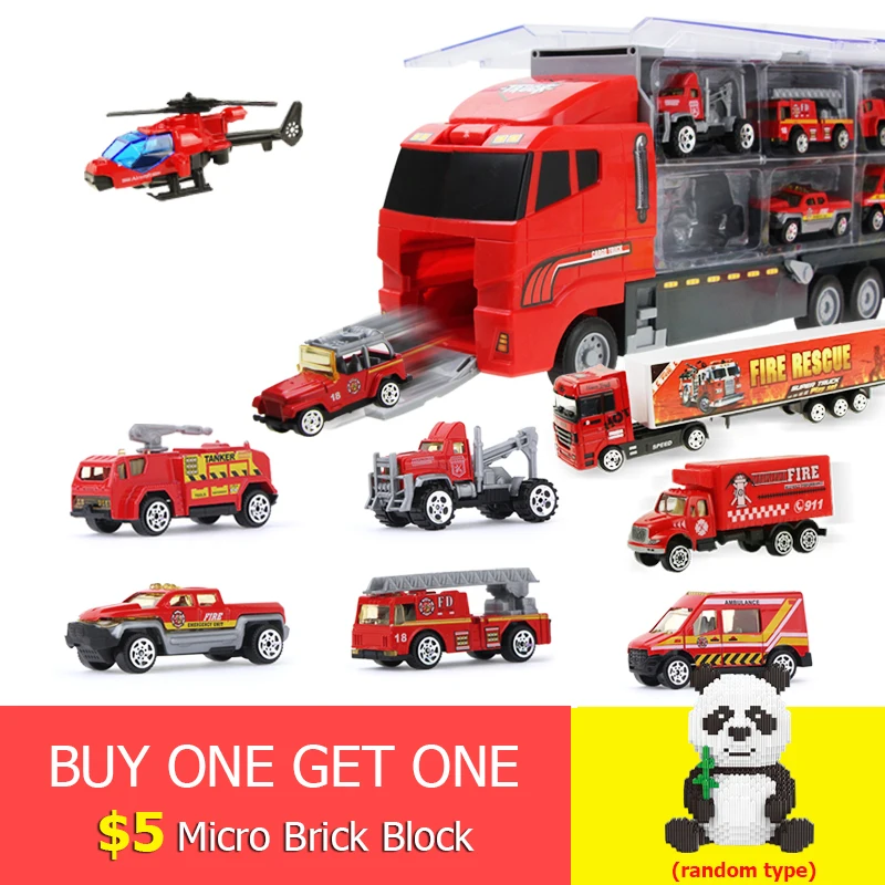 

11pcs/set 2in1 Mini Diecast Fire Truck Engineering Toy Model Vehicles Carrier Truck with Ejection & Carry Function Xmas Gift