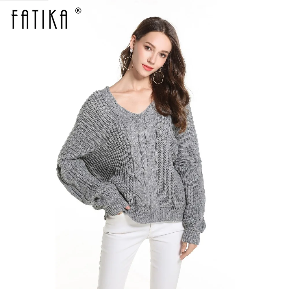 

FATIKA Autumn Winter New Womens Sweaters And Pullovers Basic V-Neck Knitted Sweaters Long Sleeve Loose Casual Jumpers