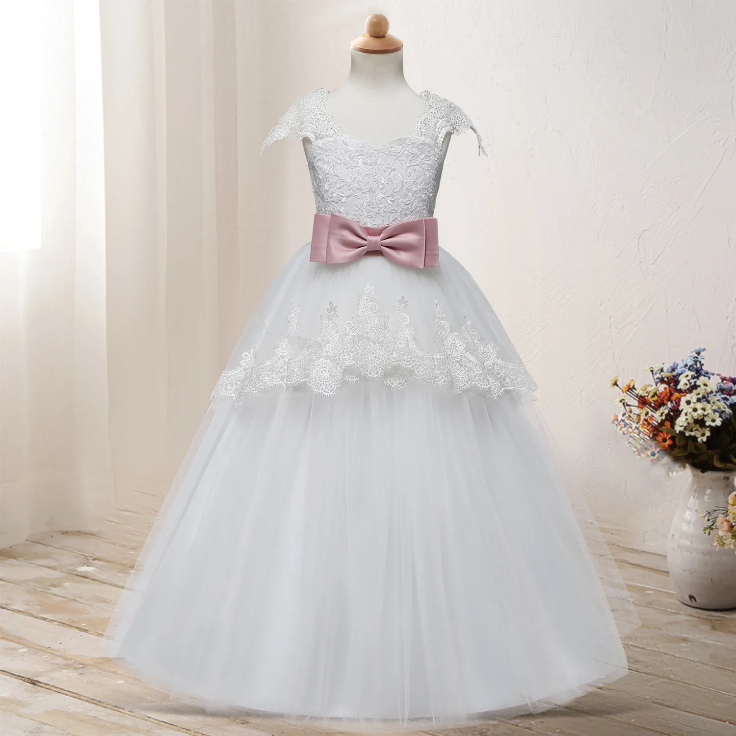 Элегантное платье с цветочным узором для девочек; детское кружевное платье с лифом; длинное фатиновое платье с бантом; платье принцессы для девочек