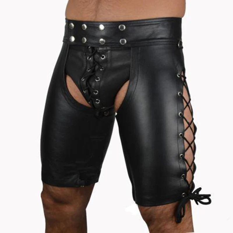 

Black Faux Leather Mooning Shorts Male Sexy Lingerie Catsuit Clubwear Men Hot Erotic Fetish Wear Bandage Pants XL XXL Plus Size