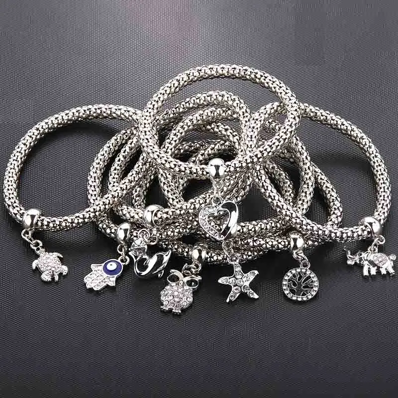 Серебряный браслет-цепочка с кристаллами, цирконием, рука Фатимы, Хамса, кукуруза, растягивающийся тонкий браслет, Дамская мода, очаровательные ювелирные изделия, подарок