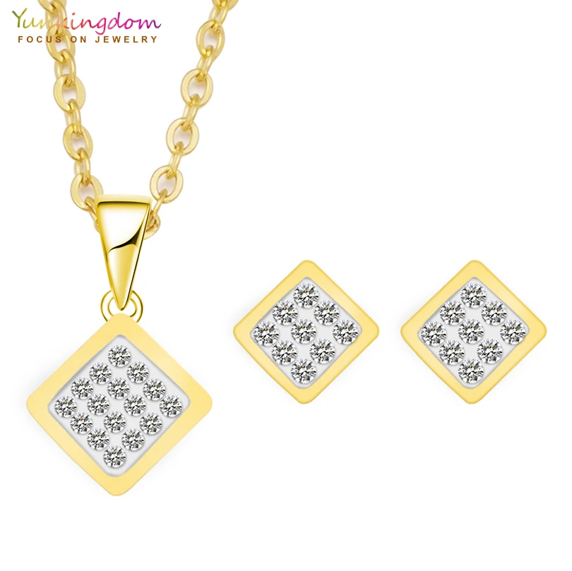 

Yunkingdom Brand White Crystals Geometric Square Fashion Stainless Steel Jewelry Sets for Women Necklaces Earrings Sets UE113