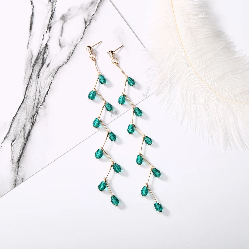 

Elegant Green Crystal Long Chain Drop Dangle Earrings For Girls Women Fashion Temperament All Match Tassel Earrings Jewelry
