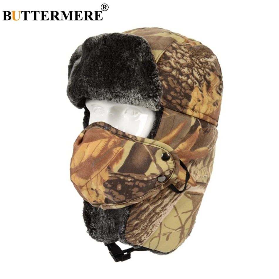 

BUTTERMERE Camouflage Bomber Hat Winter Men's Earflap Russian Ushanka Hats Women Warm Camouflage Warm Motorbike Trapper Hats
