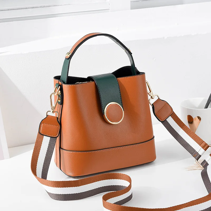  Striped Wide Shoulder Strap Women Bucket Bag Solid Color Buckle Handbag Fashion Simple Shoulder Bag - 33011905054