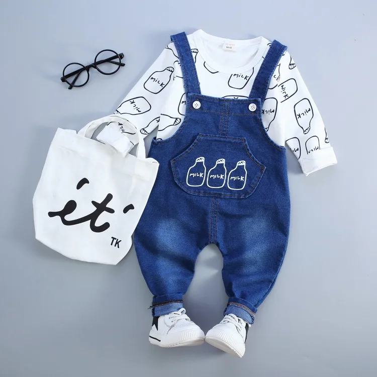 

Casual Print Pullover+Solid Suspender Denim Pants Kids Baby Clothes Set Spring 2017 Fashion Toddler Children Clothing Suit BS18