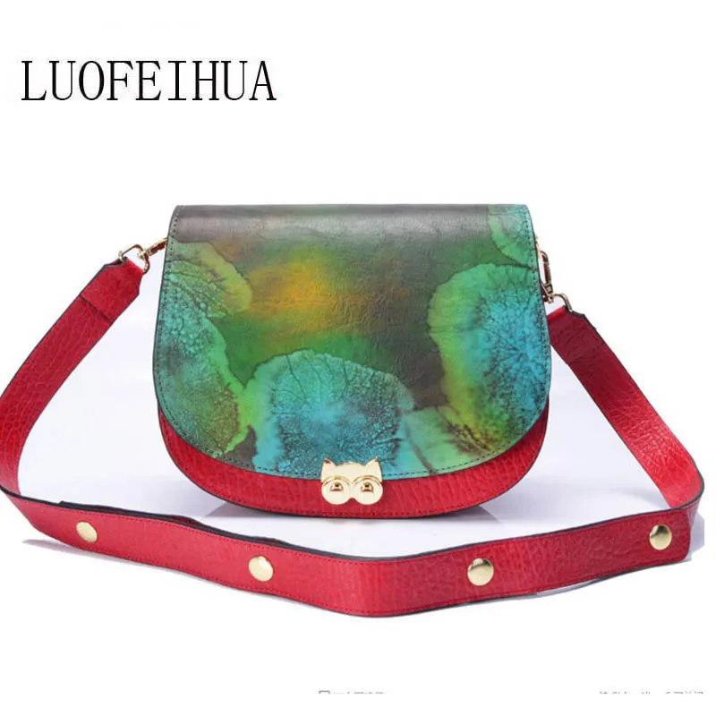 

LUOFEIHUA 2019 new retro Chinese style brand leather embossed pure leather handbag Shoulder Messenger Bag branded handbag