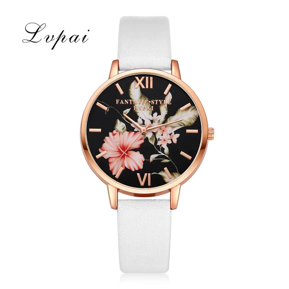 Lvpai Brand Women Bracelet Watch Fashion Rose Gold Flowers Leather Simple Women Dress Watches Luxury Business Clock Watch