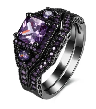 

Boho Female Purple Water Drop Ring Set Fashion Black Silver Love Engagement Ring Vintage CZ Wedding Rings For Women