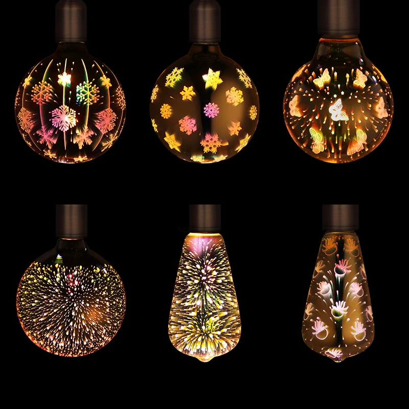 

Butterfly Snowflake Pattern Lamp Bulb E27 100-240V 3D Fireworks Bulb Colorful Restaurant Decoration LED Creative Light Bulb