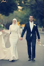 2016 Elegant Muslim Islamic Hijab Mermaid Wedding Dresses Appliques Long Sleeve Dubai Kaftans Caftan Bridal Gown For Wedding