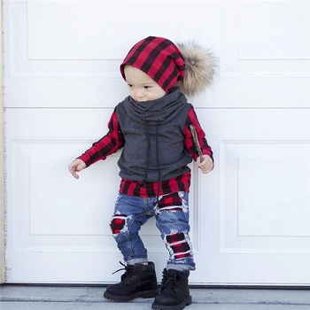

2PCS Toddler Kids Baby Boy Plaid Tops Denim Jeans Pants Leggings Outfits Spring Autumn Set Turtleneck Clothes