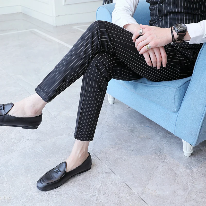 

Fashion Casual Men's Trousers Spring And Autumn New 29-37 Stripes Nine Points Slim Feet Pants Black Personality Youth Popular