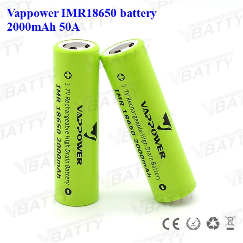 2000mAh 3,7 V Li-Ion Vappower IMR18650 Перезаряжаемый 18650 2000mAh 50A мощный аккумулятор для фонарика камеры