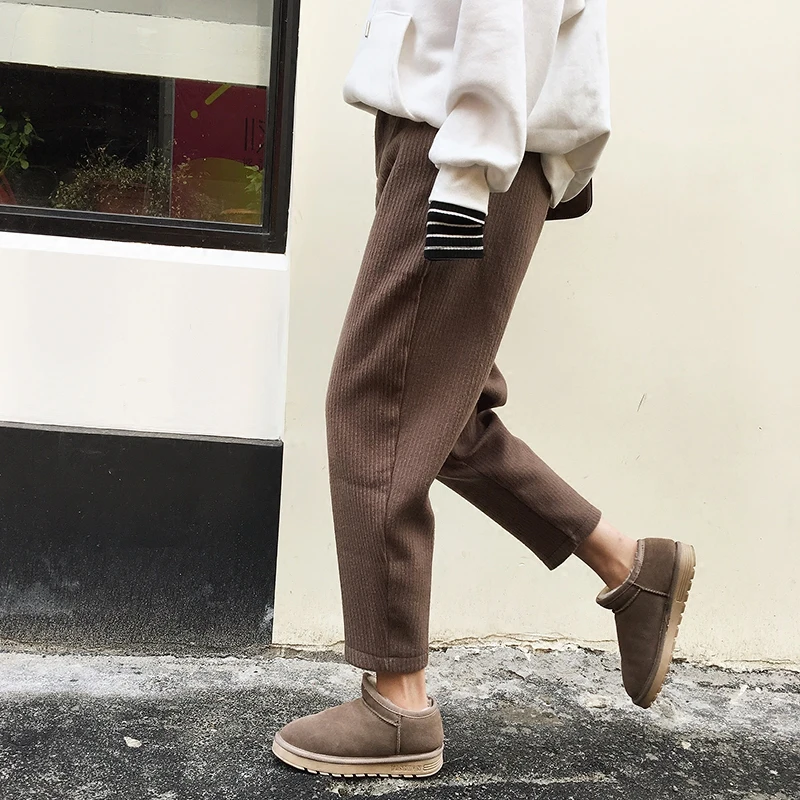 Корейская версия осенью и зимой свободные тонкие вертикальные полосы текстуры толстой шерсти широкие ноги Харлан брюки женские