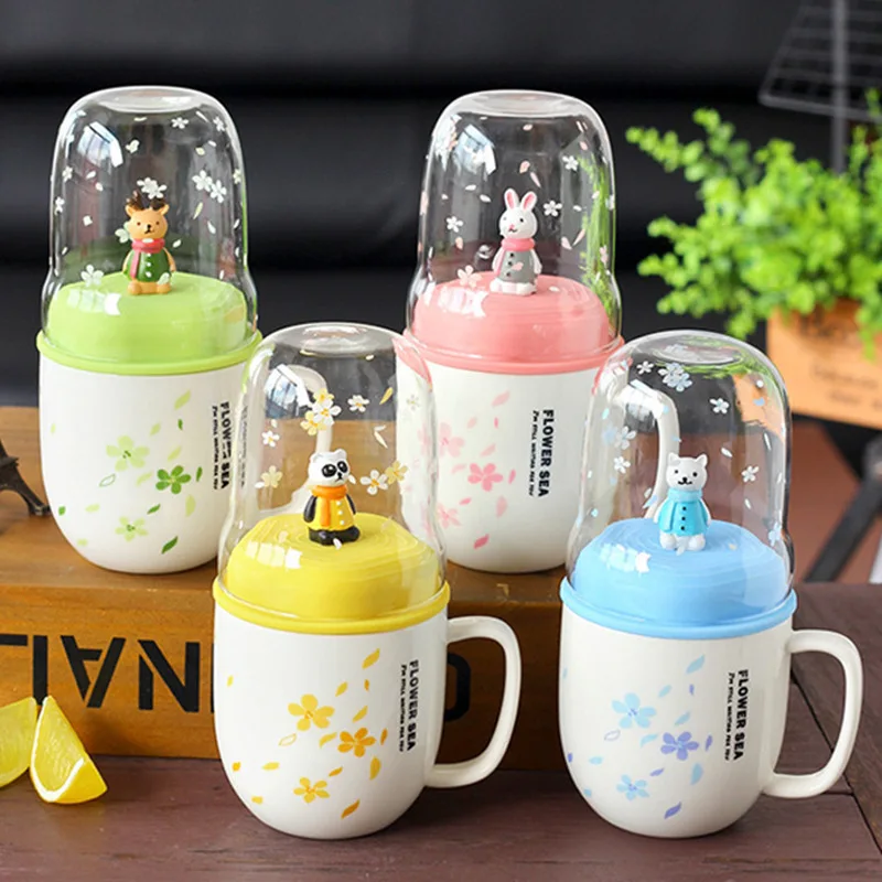 

New Mini Animal Expression Ceramic Cup with Lid with Spoon Floral Micro Landscape Mug Cartoon Creative Water Cup Children Gifts