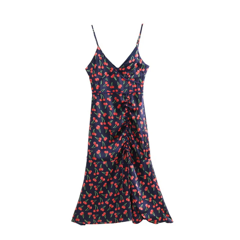 

Spring Sweet Cherry Print Drawstring Women Dress Female Sexy V-Neck Spaghetti Strap Mid-Calf Dresses Casual Vestido Mujer