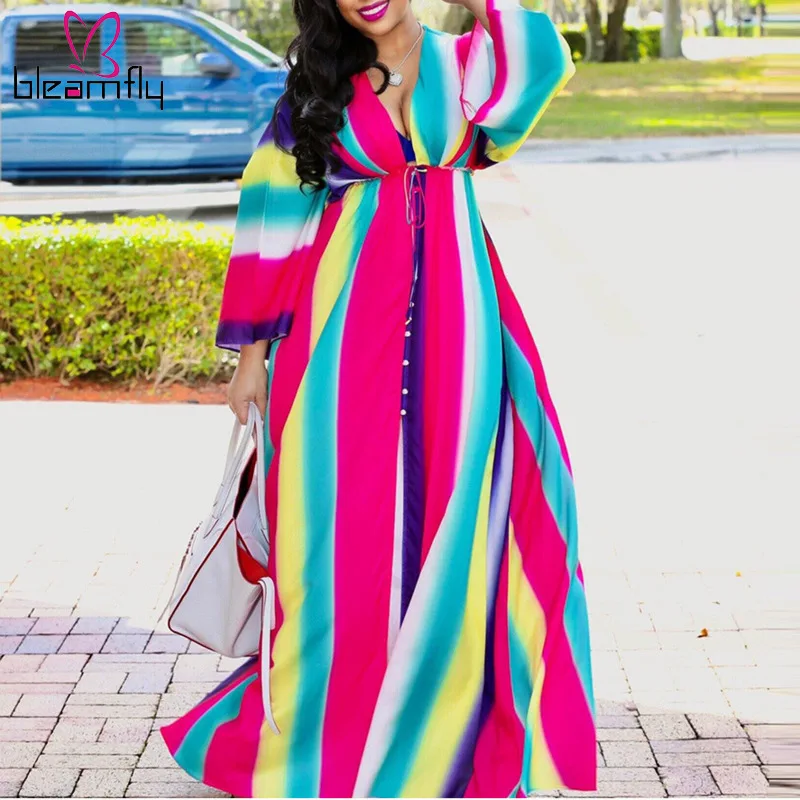 

Rainbow Striped Cover Up Woman Deep V Neck Buttons Splitted Bandage Loose Long Sundress Casual Summer Bathing Suit Cover Up