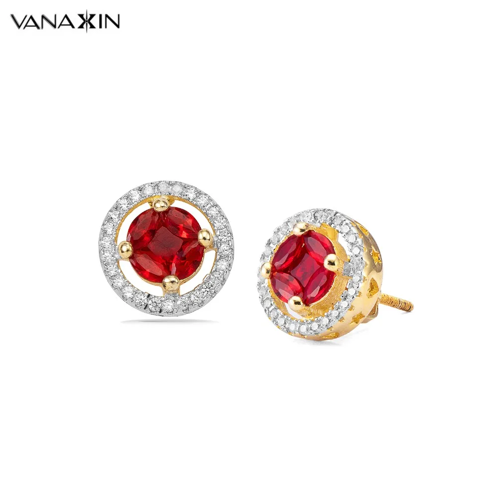VANAXIN, 925 пробы, серебряные женские серьги в стиле хип-хоп, золотистого цвета, блестящие стразы, красные, синие, зеленые серьги-гвоздики с драгоценными камнями