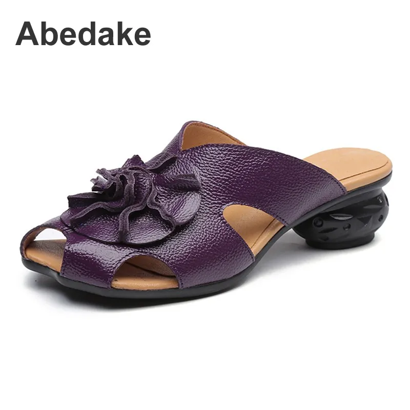 

Abedake brand handmade woman slippers retro genuine leather flower casual sandals slippers fish mouth ethnic style women sandals