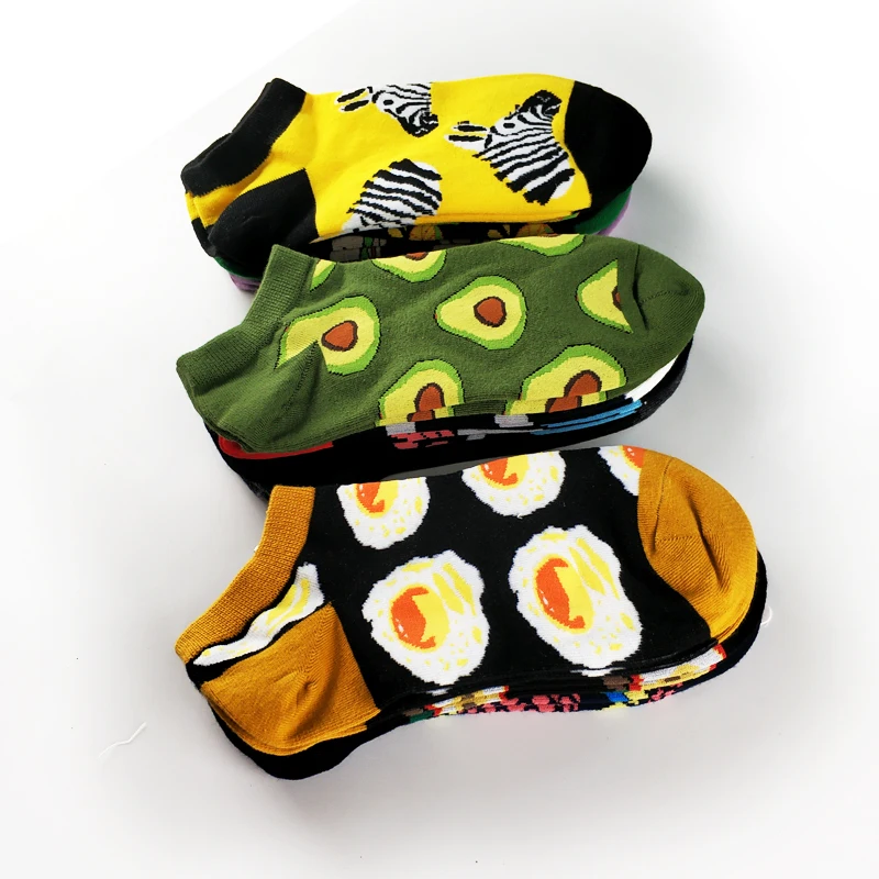 5 Pairs/lot Animal Food Fruit Avocado Zebra Burger Omelette Flamingo Socks Happy Cotton Ankle Funny Men Women Summer Casual Sock