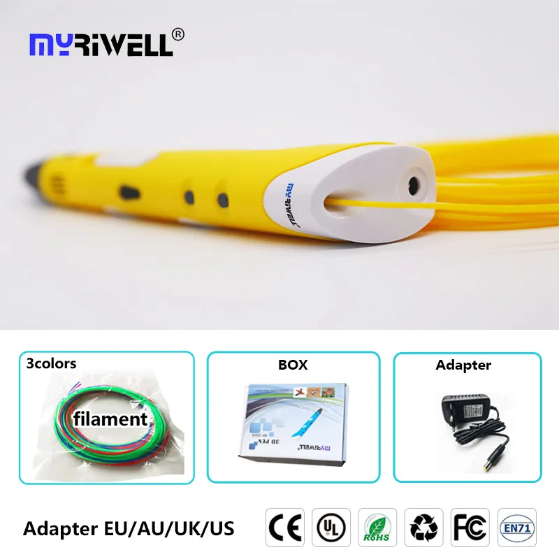 Myriwell 3d Ручка abs 1,75 мм нить 3d печатная ручка 3 d Ручка diy живопись инструменты умная 3D печать Ручка-паяльник с нитью 100 м - Цвет: only yellow