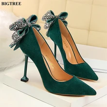 Décolleté da donna in cristallo dolce con nodo a farfalla 2021 New Fashion Solid Flock scarpe basse con tacchi alti scarpe da donna Sexy con punta a punta scarpe da festa