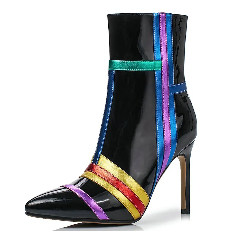

White Black Winter Thin Heel Ankle Boots for Women Fashion Mixed Color Genuine Leather Boots Ladies Party Wedding Short Boots