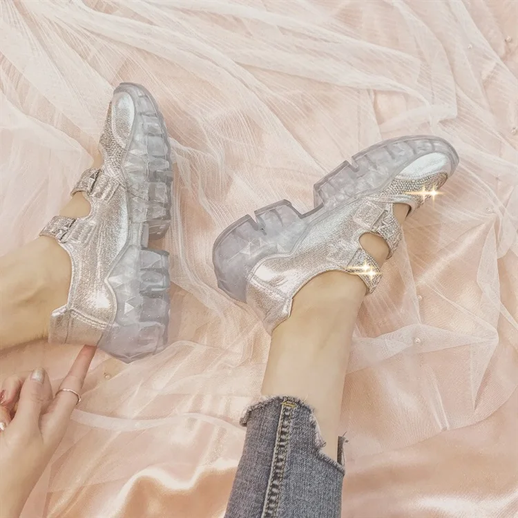 XJRHXJR New Trendy Crystal Chunky Sandals Women Thick Sole Flat Shoes Ladies Mary Jane Platform Causal Shoes Jelly Sandals 2019