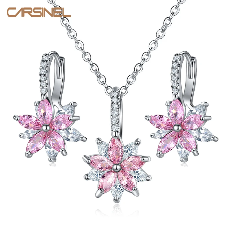 

CARSINEL Brand Latest Jewelry Set Copper Pink zirconia Earring Pendant Necklace Women Silver Color Jewelry JS0163