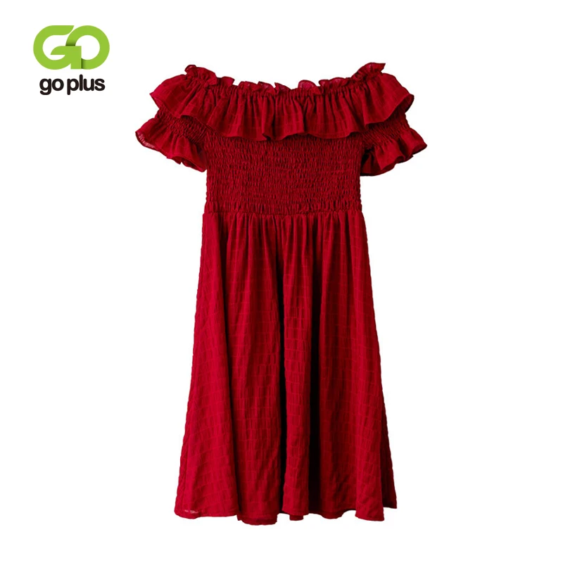 

GOPLUS Summer Dress Woman Vintage Sexy Chiffon Slash Neck Off Shoulder Short Sleeve Mini Beach Red Black Dress Robe Femme C7913