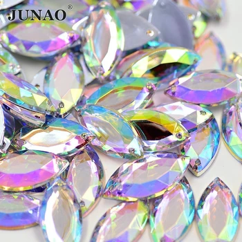 

JUNAO 17*32mm Big Sew On Clear AB Horse Eye Rhinestones Flatback Acrylic Strass Appliques Sewing Large Crystals Stones for DIY