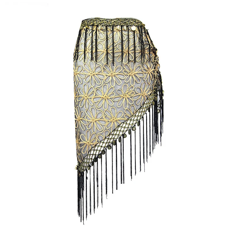 

2019 Women Belly Dance Clothing Accessories Mesh Paillettes Fringes Wrap Triangle Hip Scarf Coins Belts