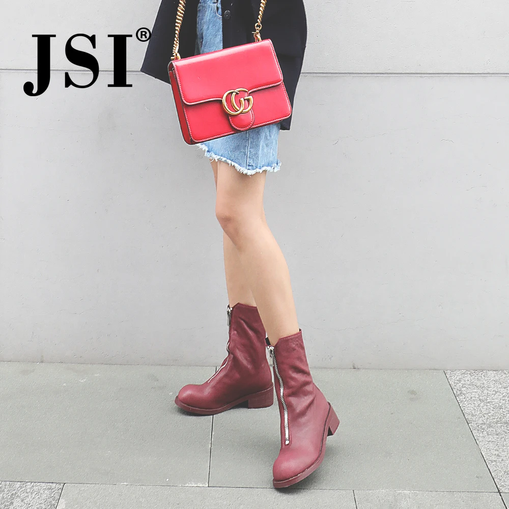 

JSI Large Size Retro Martin Boots Female 2019 Autumn New Genuine Leather Handmade Thick Heels Zipper Round Toe Lady Shoes JO214