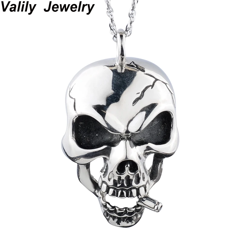

EdgLifU Men Pendant Necklace Balck Big Gothic Skull Stainless steel Polished Punk Skull with butt Necklace 23" chain
