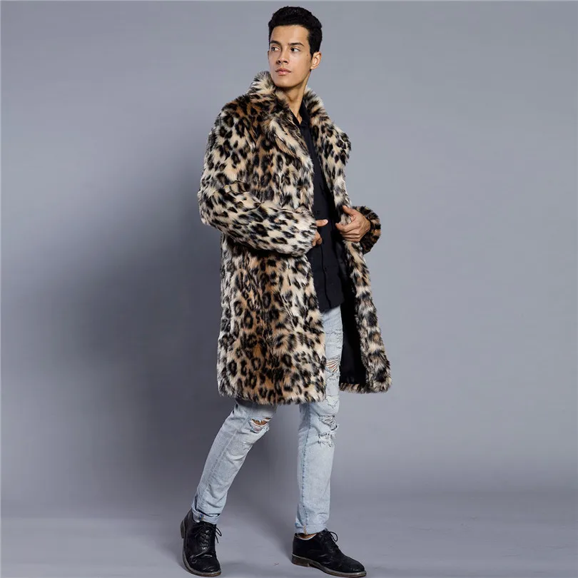 Lanshifei зимнее модное меховое пальто Мужская Меховая одежда толстый искусственный мех леопардовая куртка мужское меховое длинное пальто Мужская теплая одежда из искусственного меха