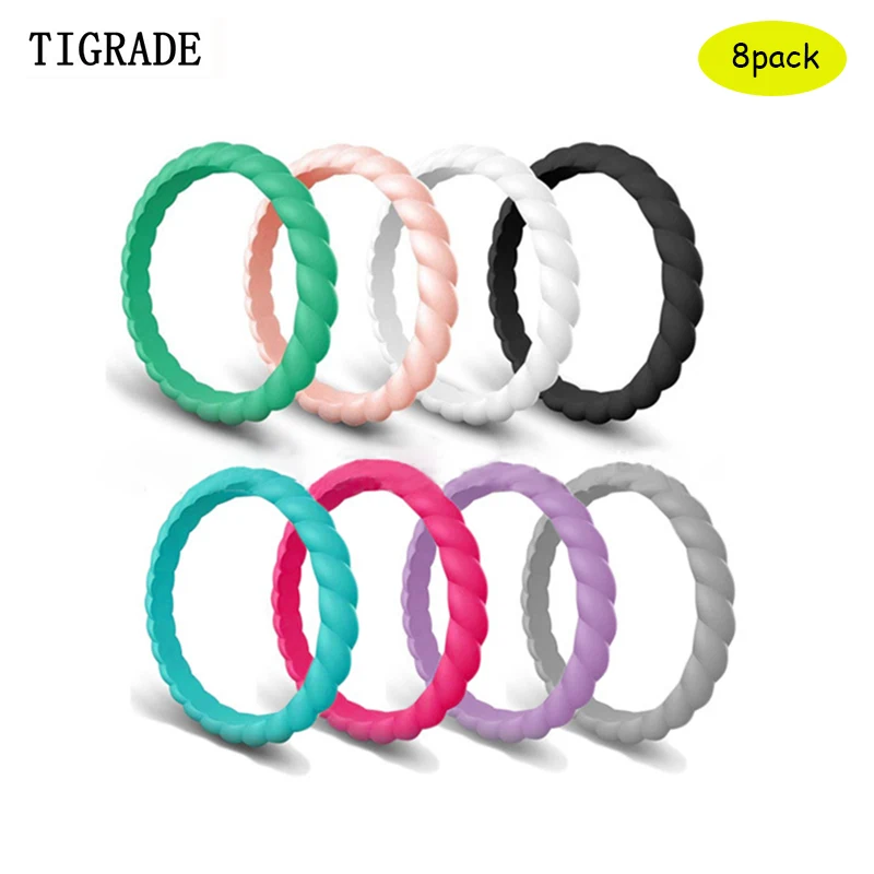 

8pc/lot Braid Hypoallergenic Silicone Rubber Flexible Ring Band Wedding Engagement Classical Stackable Plain Simple Statement